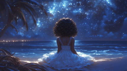 Sticker - A little girl sitting on the beach watching the stars