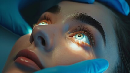 Wall Mural - Cosmetic surgery, beauty, Surgeon or beautician touching woman face, surgical procedure that involve altering shape of eye, medical assistance, eyelid surgery, double eyelid, big eyes, ptosis