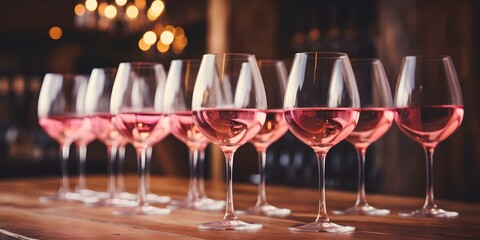 Wall Mural - Set of pink wine glasses arranged neatly on a wooden bar. Concept Home Decor, Wine Glasses, Pink Theme, Interior Design, Wooden Furniture