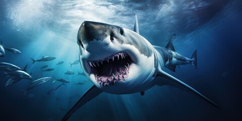 Wall Mural - Great white shark underwater attacking.