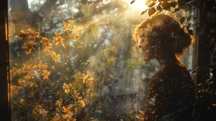 Wall Mural - A woman looking out a window at the sun