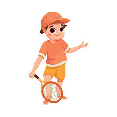 Wall Mural - Happy Boy Character Play Tennis Do Sport and Physical Body Training Vector Illustration