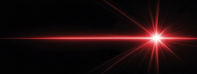 Wall Mural - wide angle panoramic view of a red flare of light ray on plain black background from generative ai