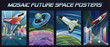 Space and Future Posters Mosaic Style Illustration Set. Spacecraft, Space Rocket, Orbital Station, Planets and Future City