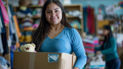 cheerful young woman is holding a box of donated items in a thrift store setting, with another person visible in the background.