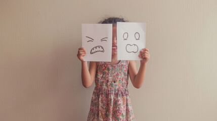 Wall Mural - a child is playfully covering her face with two pieces of paper, each with a hand-drawn emotive face, creating a humorous and creative visual expression.