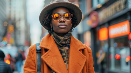 Wall Mural - A fashionable lady posing in urban street with sunglasses and hat.