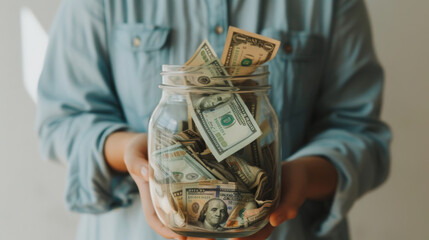 person holding a glass jar filled with various denominations of U.S. dollar bills,