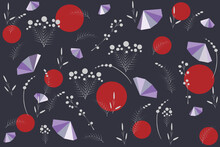Floral Stems, Purple Polygons And Red Circles On A Dark Background. Vector Pattern For Wallpaper, Textile, Packaging Design