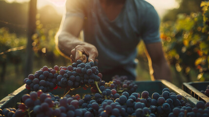 Grape harvest in a vineyard during autumn.