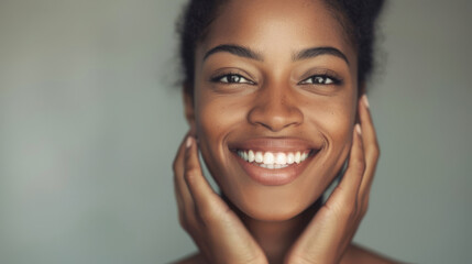 Poster - young woman with dark skin, smiling at the camera with her hands on her cheeks.