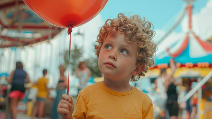 Sticker - A cute boy playing with balloons in the park.