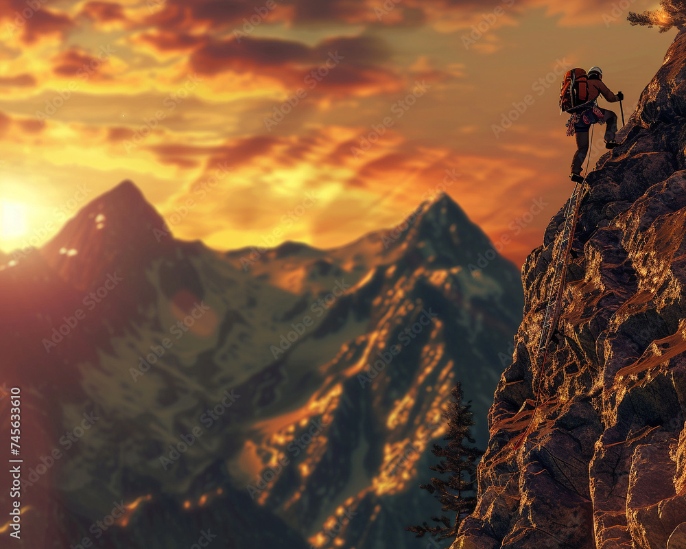 A 3D animated scene of a mountain climber conquering the top of a hill ...