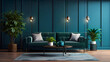 © PixelHill - Luxurious modern living room interior with a sofa and green plants, lamp, and a table on a dark blue wall background