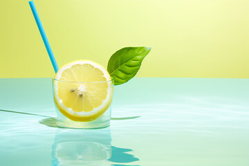 Canvas Print - a lemon slice in a glass with a straw and a leaf in the water