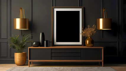 Wall Mural - Empty Mockup frame on cabinet in living room interior on empty dark wall background