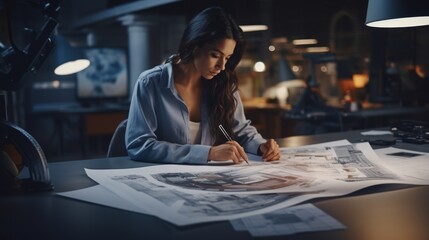 Poster - Generative AI Female architect working on blueprints, designing a structure, architectural sketches visible in the background