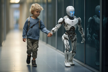 A little boy walks hand in hand with a robot. Robot nanny. Futuristic background.