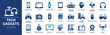Tech gadgets icon set. Containing smartphone, laptop, tablet, smartwatch, drone, headphones, digital camera, smart TV, gaming console and more. Solid vector icons collection.
