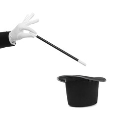 Wall Mural - Magician showing trick with wand and top hat on white background, closeup