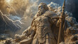 Sand sculptures of Zeus in Olympus towering with majesty each grain contributing to the depiction of the king of gods amidst the clouds and lightning of his realm
