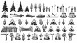 Generative AI Set of detailed campfire icons (barbaric/tribal); printable, monochrome, sharp bold black lines, vector line art, isolated on white background