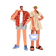 Wall Mural - Couple in fashion outfit, summer season. Young stylish man in shorts and woman in dress, wearing trendy clothes, accessories in modern style. Flat vector illustration isolated on white background