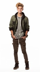 Poster - Stock image of a teenage boy in fashion-forward attire on a white backdrop Generative AI