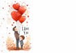 petit garçon et son papa, sous un bouquet de ballons baudruche rouges avec le texte 