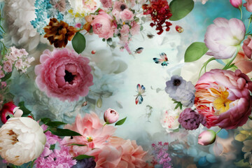 Wall Mural - Pastel colored peonies and roses flowers on floral background. AI Generated