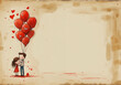 petite fille et son papa, sous un bouquet de ballons baudruche rouges avec le texte 