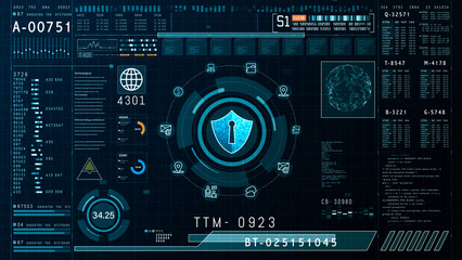 Advanced cybersecurity dashboard with encryption shield, data analytics, and network monitoring visuals, highlighting digital security measures. 3d rendering