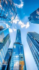 Wall Mural - Bottom view of modern skyscrapers in business district against blue sky