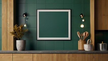 Wall Mural - Mock up poster frame in kitchen interior on empty green color wall background.