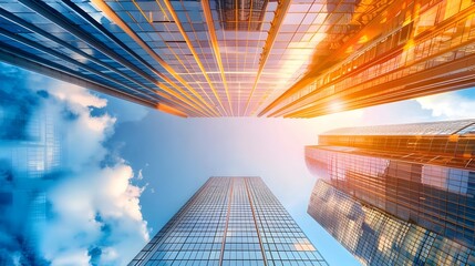 Wall Mural - Bottom view of modern skyscrapers in business district against blue sky