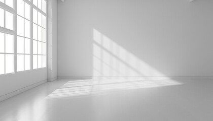  	
Empty room with sunlight shining, large window. White gradient soft light background of studio for artwork design.