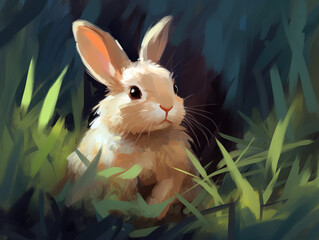 Wall Mural - A little rabbit sitting in the grass. Digital art.