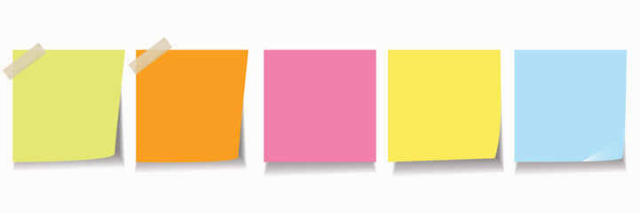 Wall Mural - Realistic blank sticky notes isolated on white background. Colorful sheets of note papers with push pin. Paper reminder. Vector illustration.
