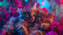 Two Fluffy Kittens Sleep Peacefully On Colorful Flowers.