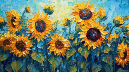 Wall Mural - large oil sunflowers in van gogh style background art wallpaper, print, poster, wall painting, interior - generative AI