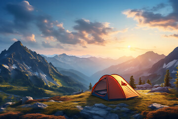 Wall Mural - Camping tent on mountain meadow at sunset. 3d rendering