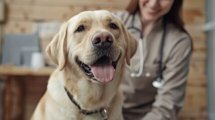  A happy golden retriever dog sits in a veterinary office
