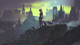 Fototapeta Młodzieżowe - Female superhero standing with guardian wild cats on ruins of destroyed building, digital painting, hand drawn illustration