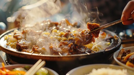 Sticker - A meal scene where you eat steaming hot rice and grilled meat together.