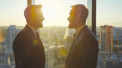 Wall Mural - Adult smart diverse Caucasian businesspeople wearing formal suit, working beside window, meeting, discussing, talking project marketing plan of solar cell rooftop service with sun light in office