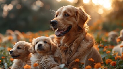 Mother plays with her dog and puppy they are happy In the flower garden of the house, realistic.