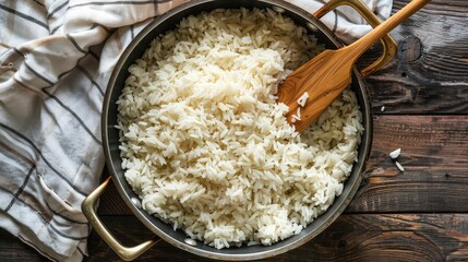 Wall Mural - Cooked rice in pot with wood spoon