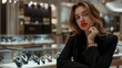 Elegant sucsessful business woman in black wear and red lips owner of jewelry store with modern interior. Luxury jewelry store concept.