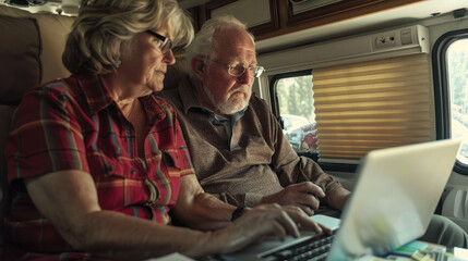 Elderly retired couple sitting at home surfing the internet on a laptop looking to buy a camper and sell their home to travel the world. Senior man and woman using computer to find travel destinations