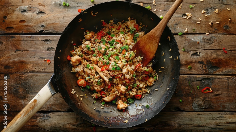 Fried rice with chicken. Prepared and served in a wok. Natural wood in ...